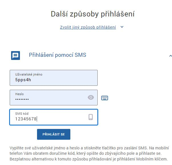 Přihlášení pomocí jména, hesla a SMS